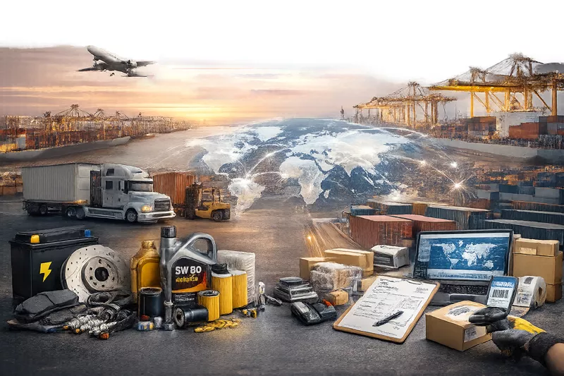 Automotive warehouse with spare parts and accessories including brake pads, oils, filters, lights, bumpers, and interior trims, organized for structured supply and logistics