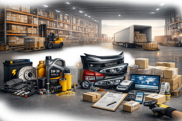 "Automotive warehouse with spare parts and accessories including brake pads, oils, filters, lights, bumpers, and interior trims, organized for structured supply and logistics."